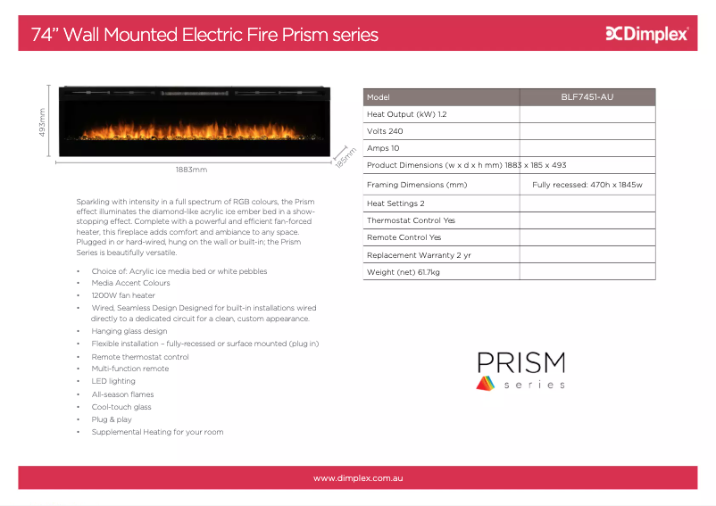 Page 1 de la notice Fiche technique Dimplex Prism BLF7451-AU