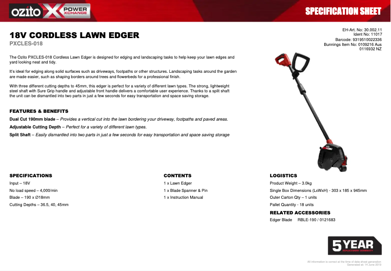 Página 1 del manual Ficha técnica Ozito PXCLES-018