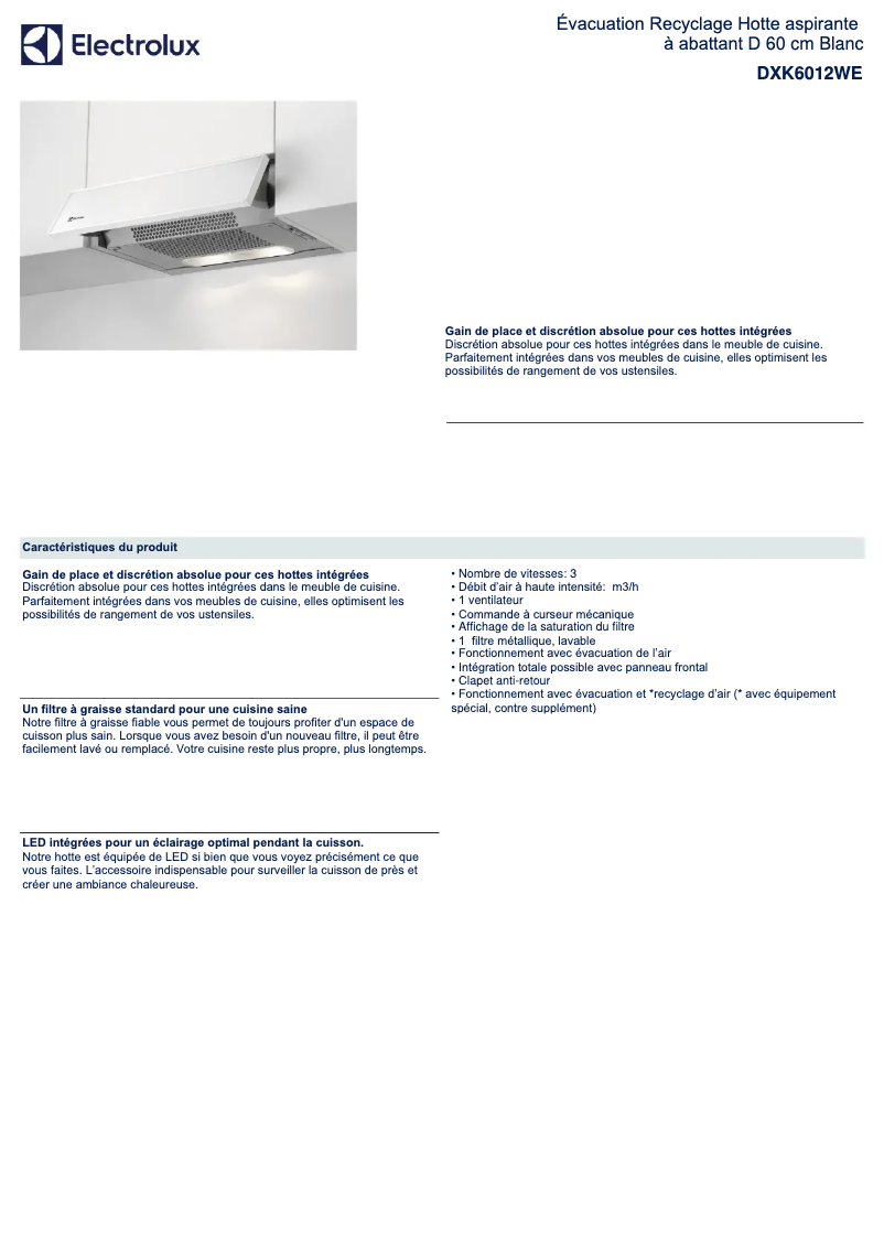 Page 1 de la notice Fiche technique Electrolux DXK6012WE