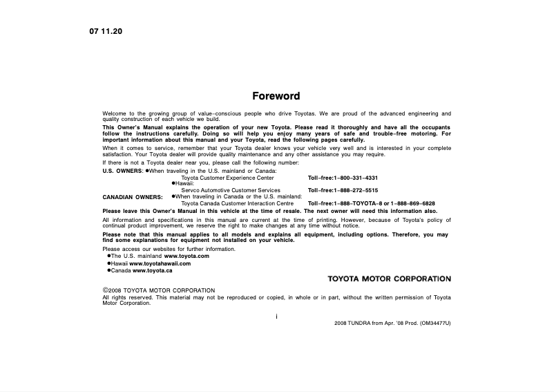 Page 1 de la notice Manuel utilisateur Toyota Tundra (2008)
