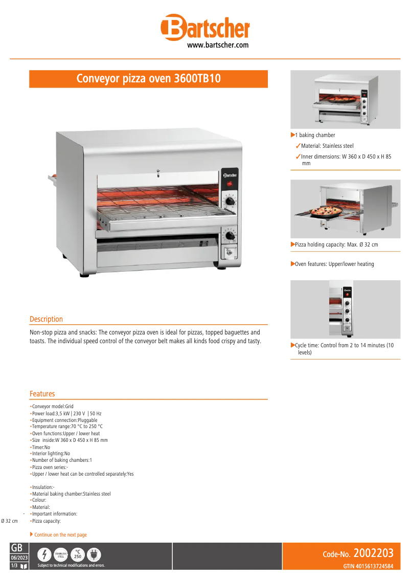 Page n°1 - Fiche technique Bartscher TB10
