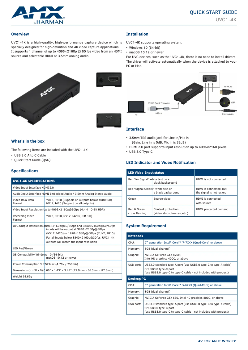 Page 1 de la notice Manuel utilisateur AMX UVC1-4K