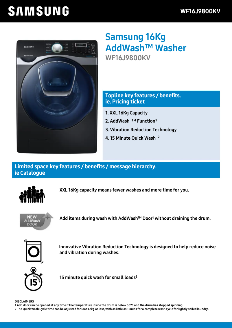 Page 1 de la notice Fiche technique Samsung WF16J9800KV