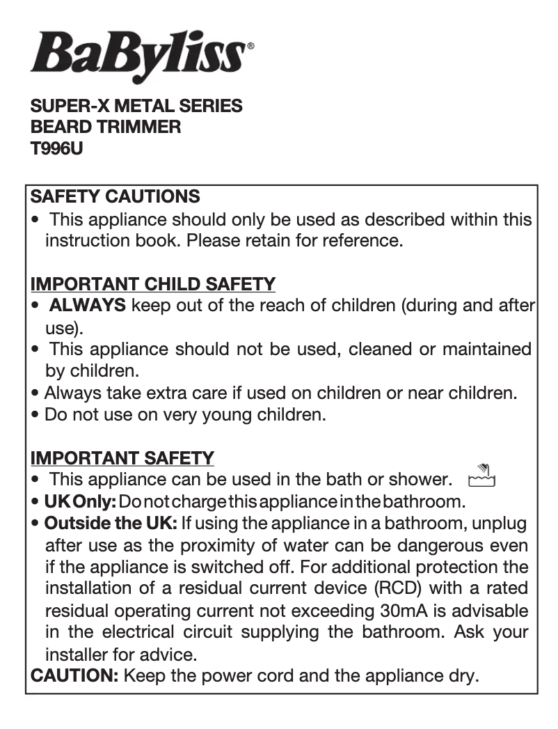Page 1 de la notice Manuel utilisateur BaByliss Super-X Metal T996U