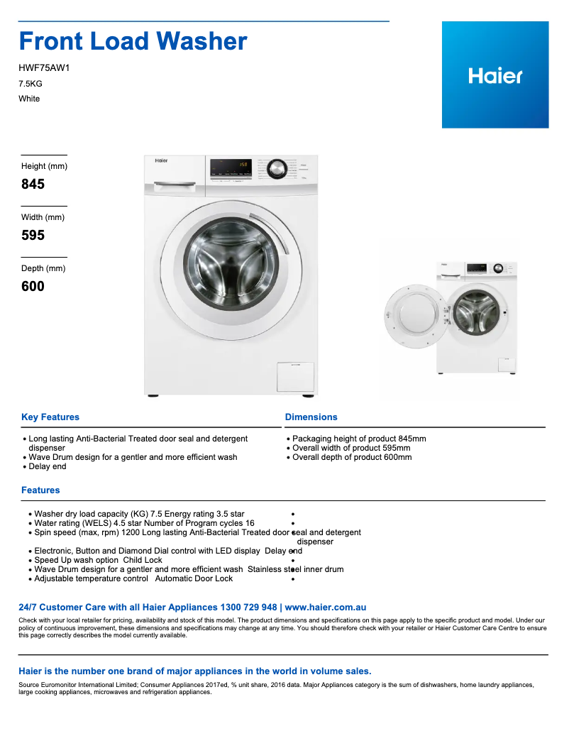 Page 1 de la notice Fiche technique Haier HWF75AW1