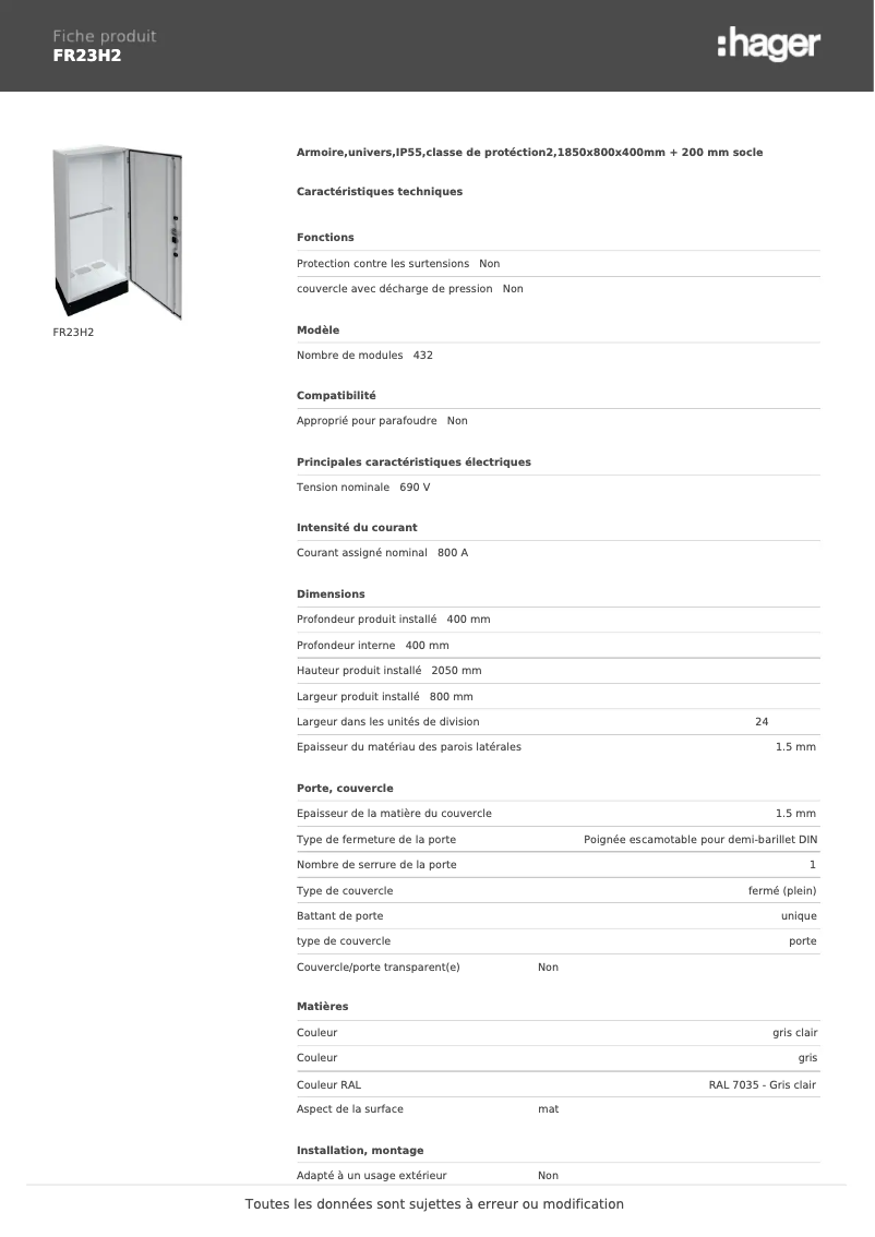 Page 1 de la notice Fiche technique Hager FR23H2