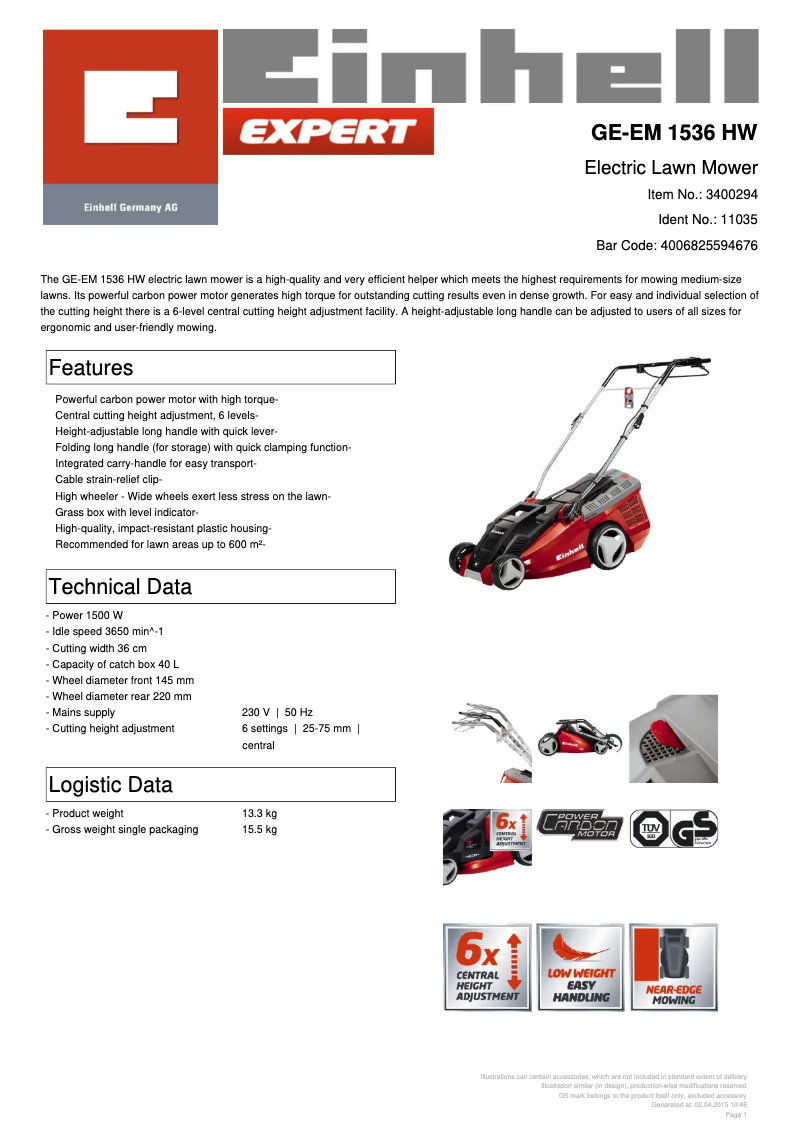 Page 1 de la notice Fiche technique Einhell GE-EM 1536 HW