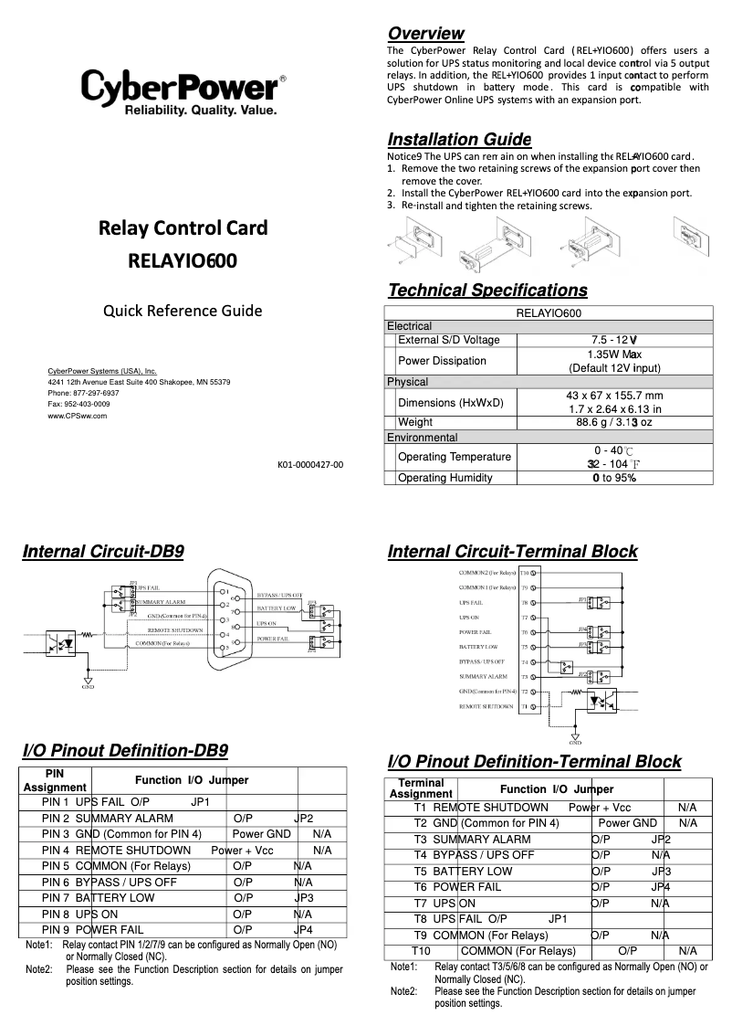 Page 1 de la notice Manuel utilisateur CyberPower RELAYIO600