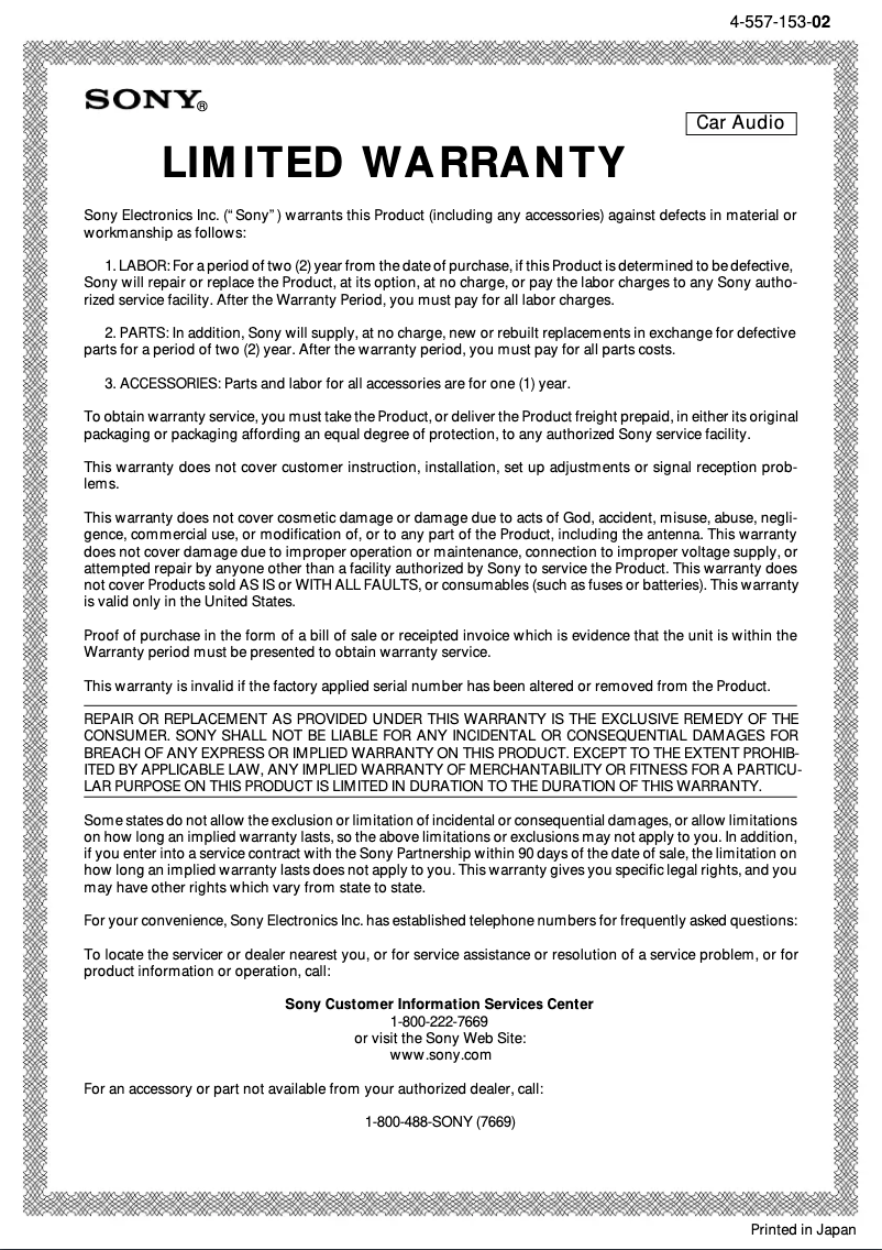 Page 1 de la notice Manuel utilisateur Sony XR-C8200FP