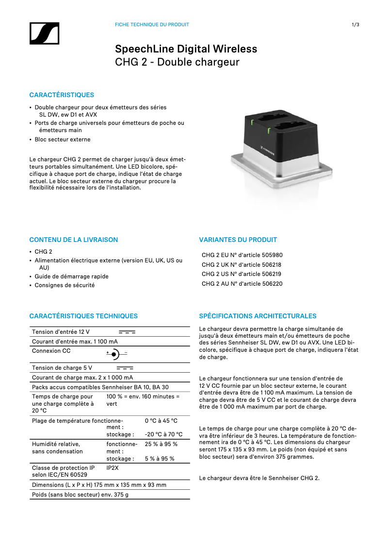 Page n°1 - Fiche technique Sennheiser CHG 2