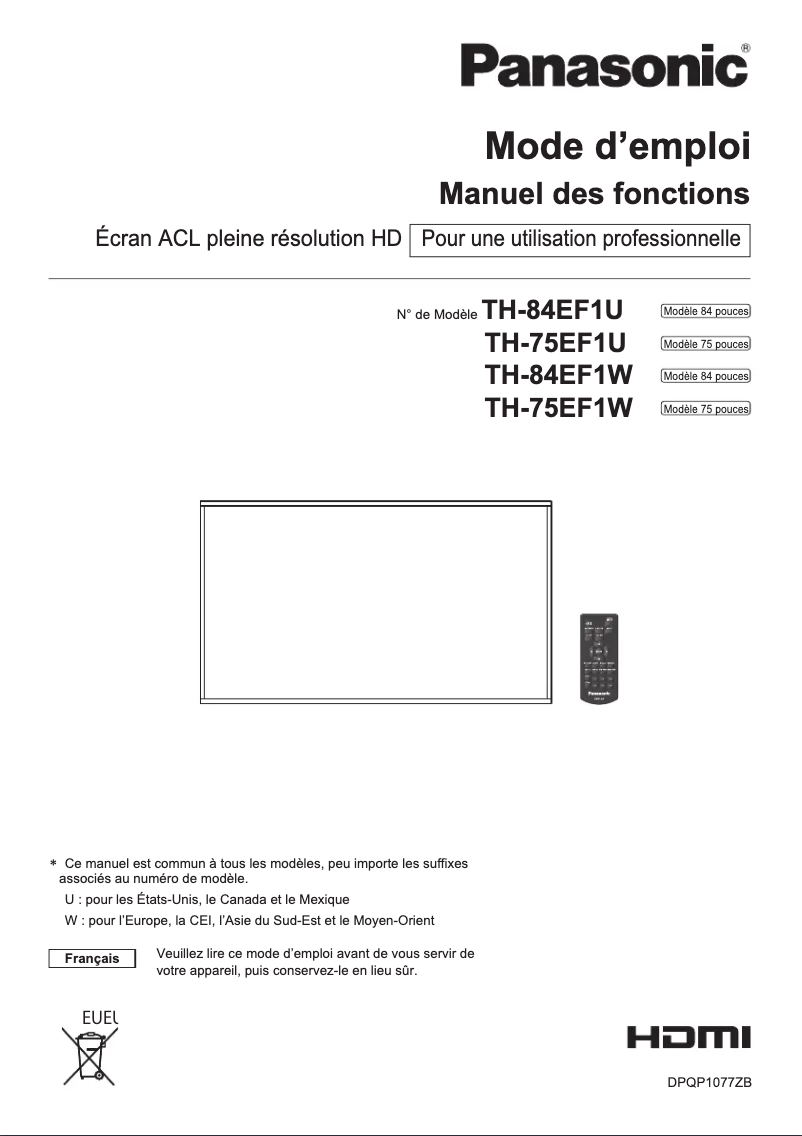 Page 1 de la notice Manuel utilisateur Panasonic TH-75EF1