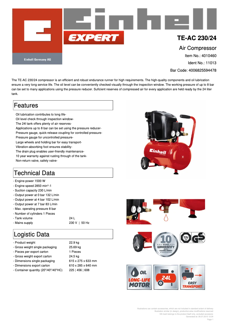 Page 1 de la notice Fiche technique Einhell TE-AC 230/24