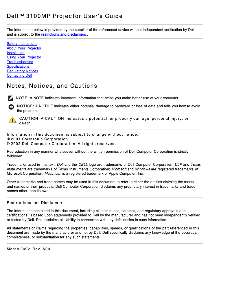 Page 1 de la notice Manuel utilisateur Dell 3100MP