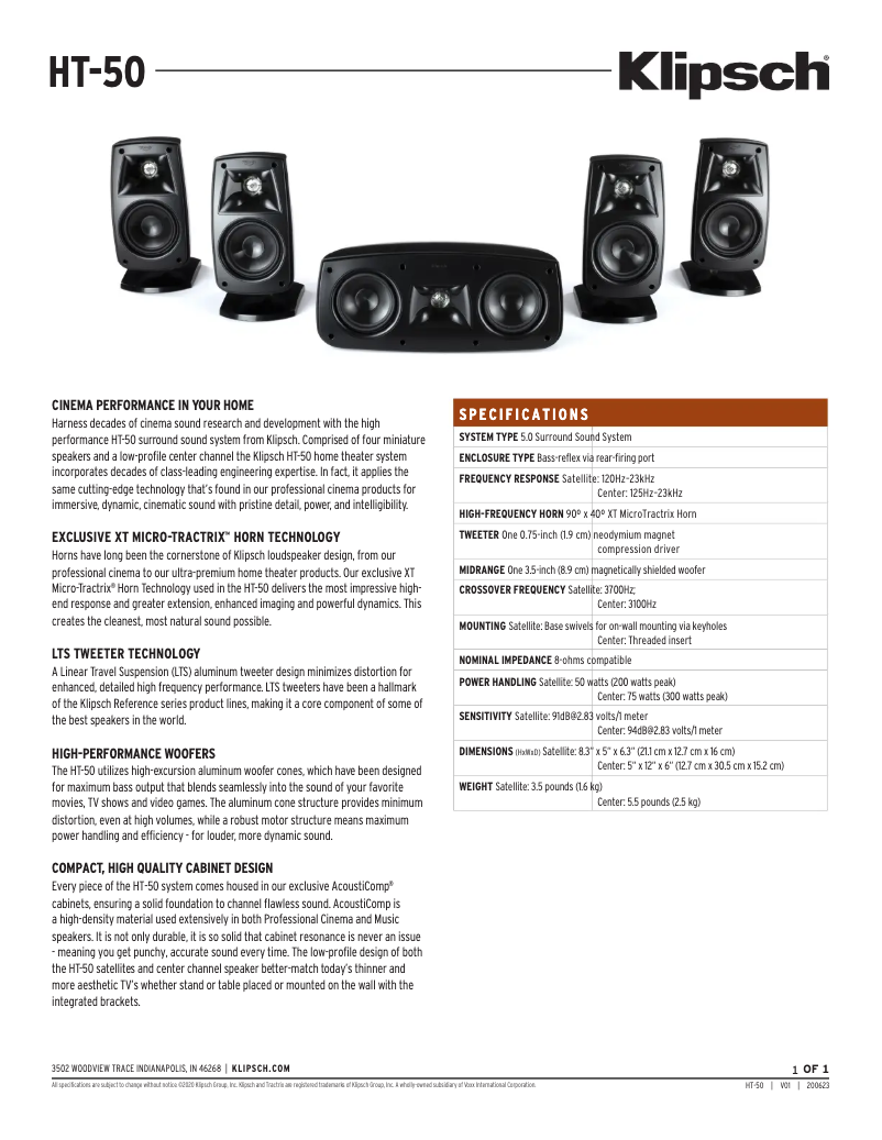 Page 1 de la notice Fiche technique Klipsch HT-50