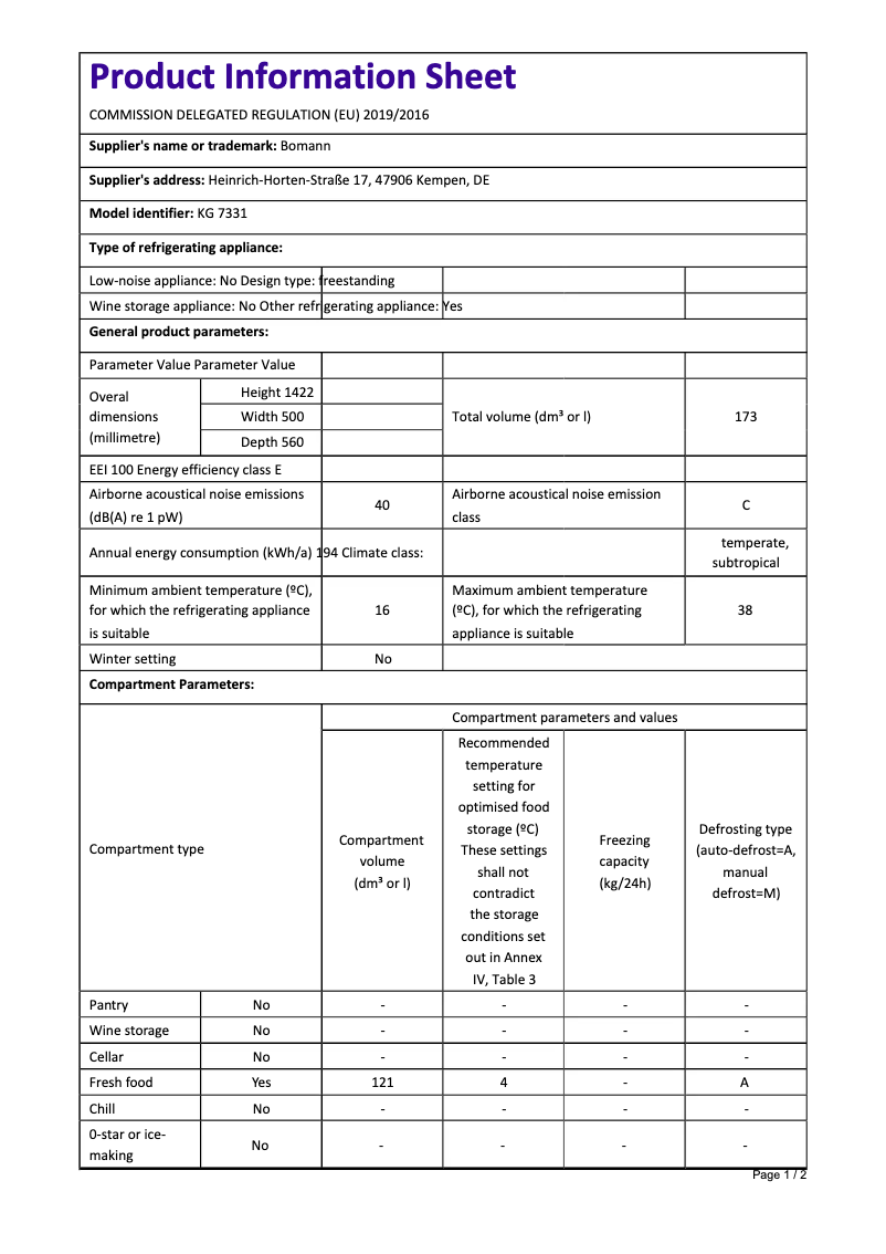Page n°1 - Fiche technique Bomann KG 7331