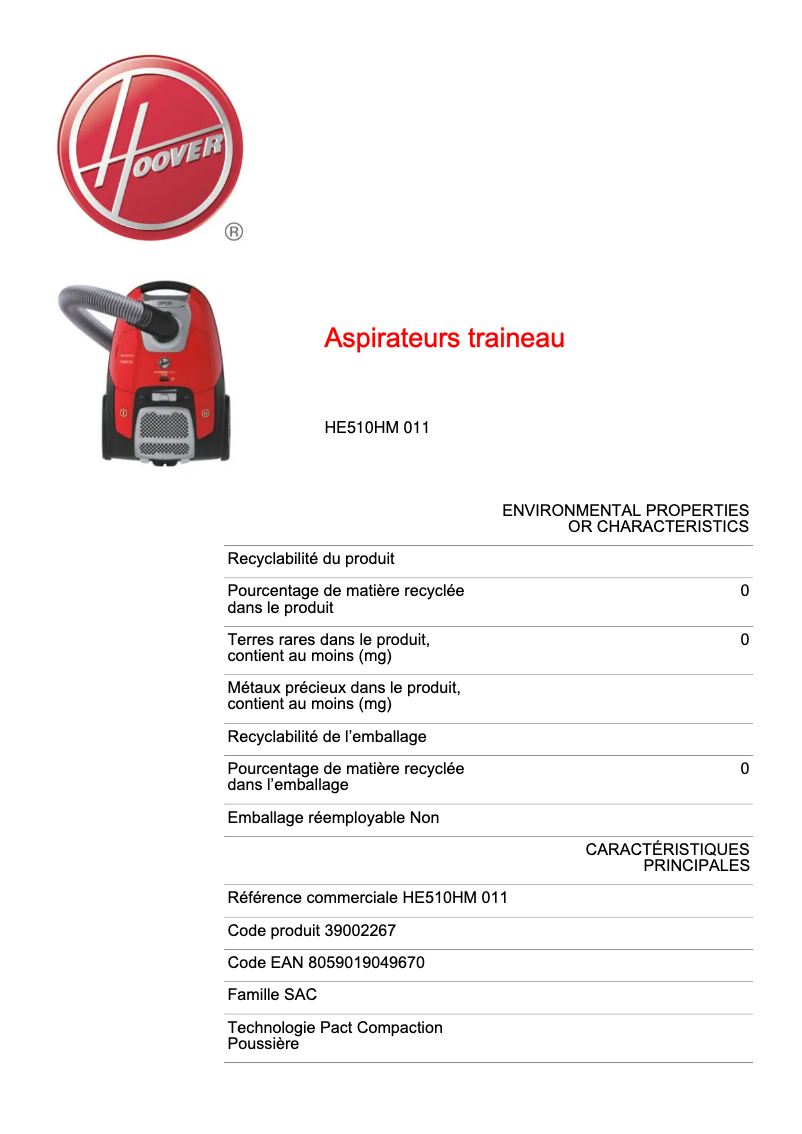 Page n°1 - Fiche technique Hoover HE510HM 011