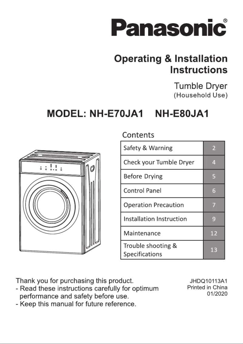 Page 1 de la notice Manuel utilisateur Panasonic NH-E80JA1