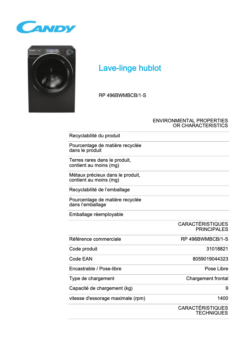 Page 1 de la notice Fiche technique Candy RP 496BWMBCB/1-S