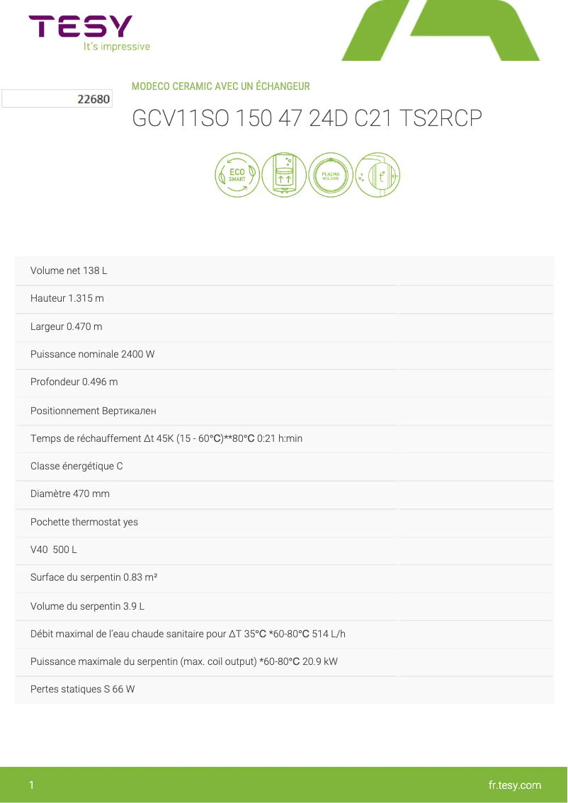 Page 1 de la notice Fiche technique Tesy ModEco Ceramic 150 S