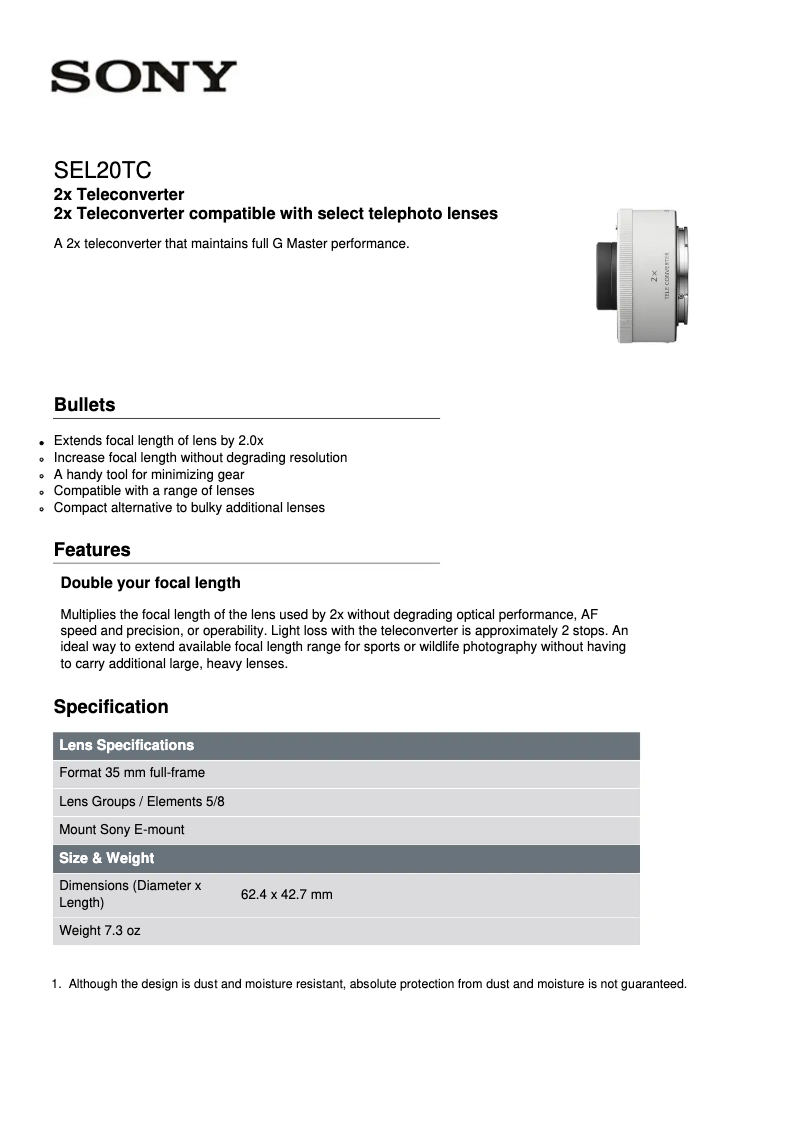 Page 1 de la notice Fiche technique Sony SEL20TC