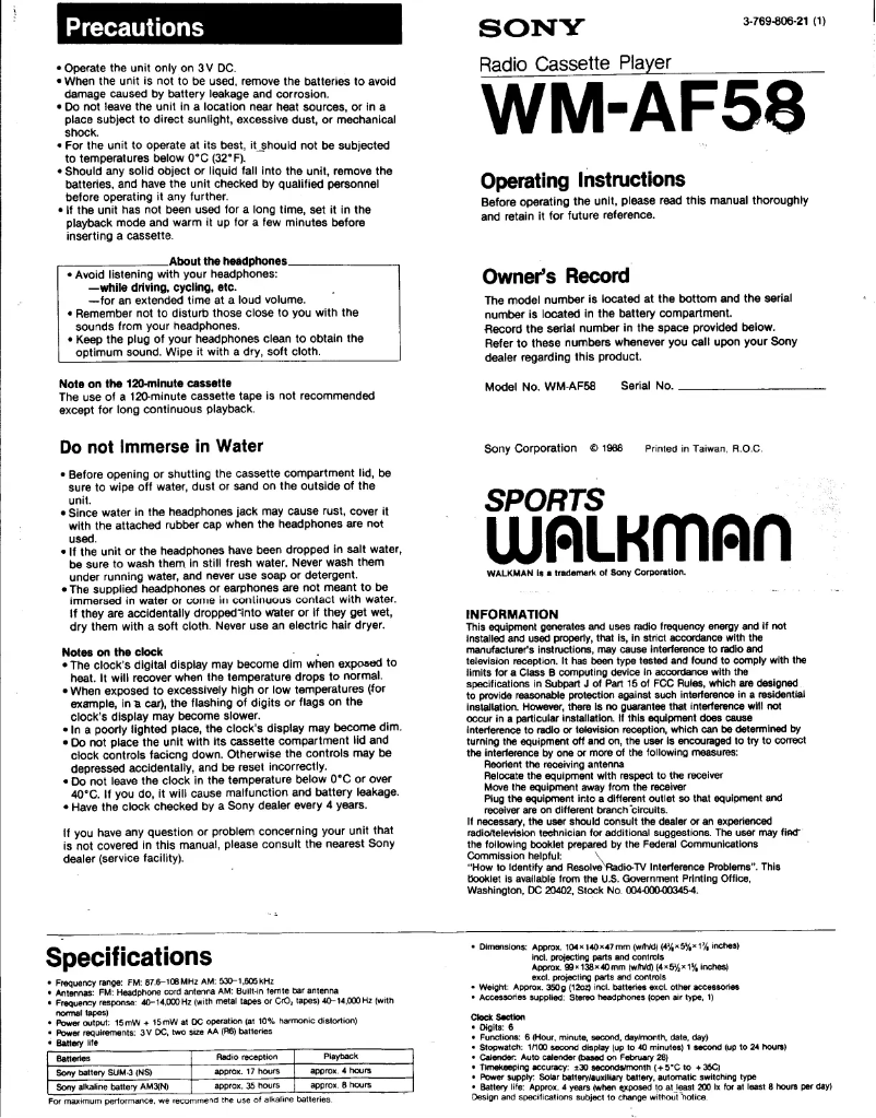 Page 1 de la notice Manuel utilisateur Sony Walkman WM-AF58