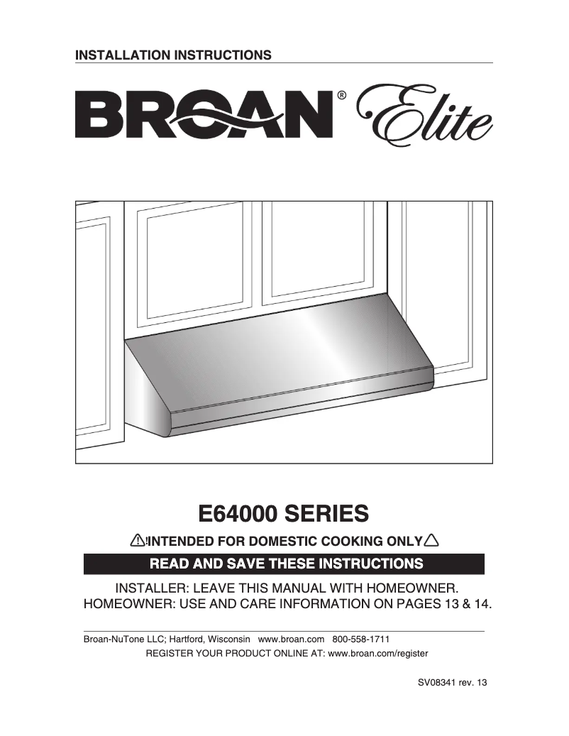 Page n°1 - Guide d'installation Broan E64E48SS