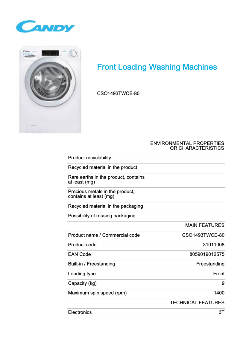 Page 1 de la notice Fiche technique Candy CSO1493TWCE-80