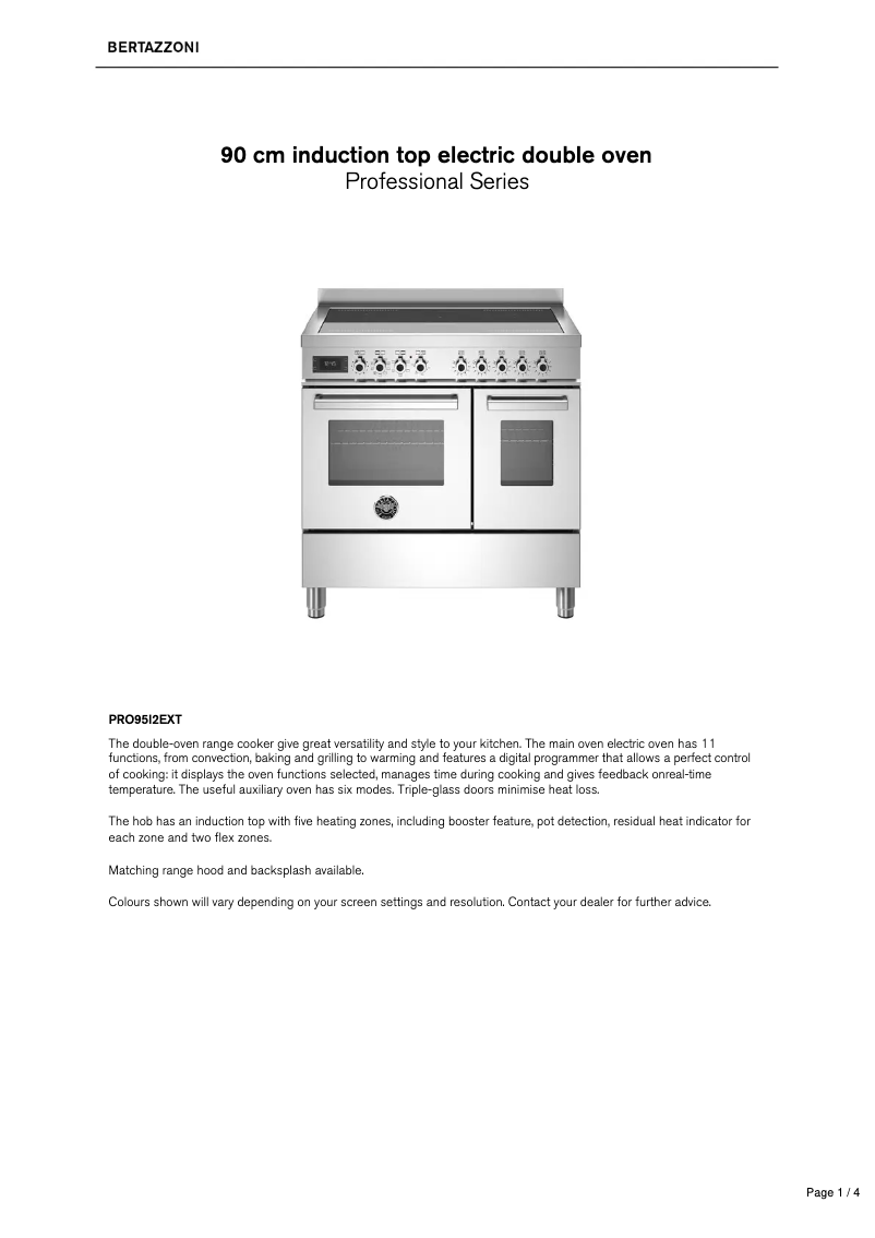 Page 1 de la notice Fiche technique Bertazzoni PRO95I2EXT