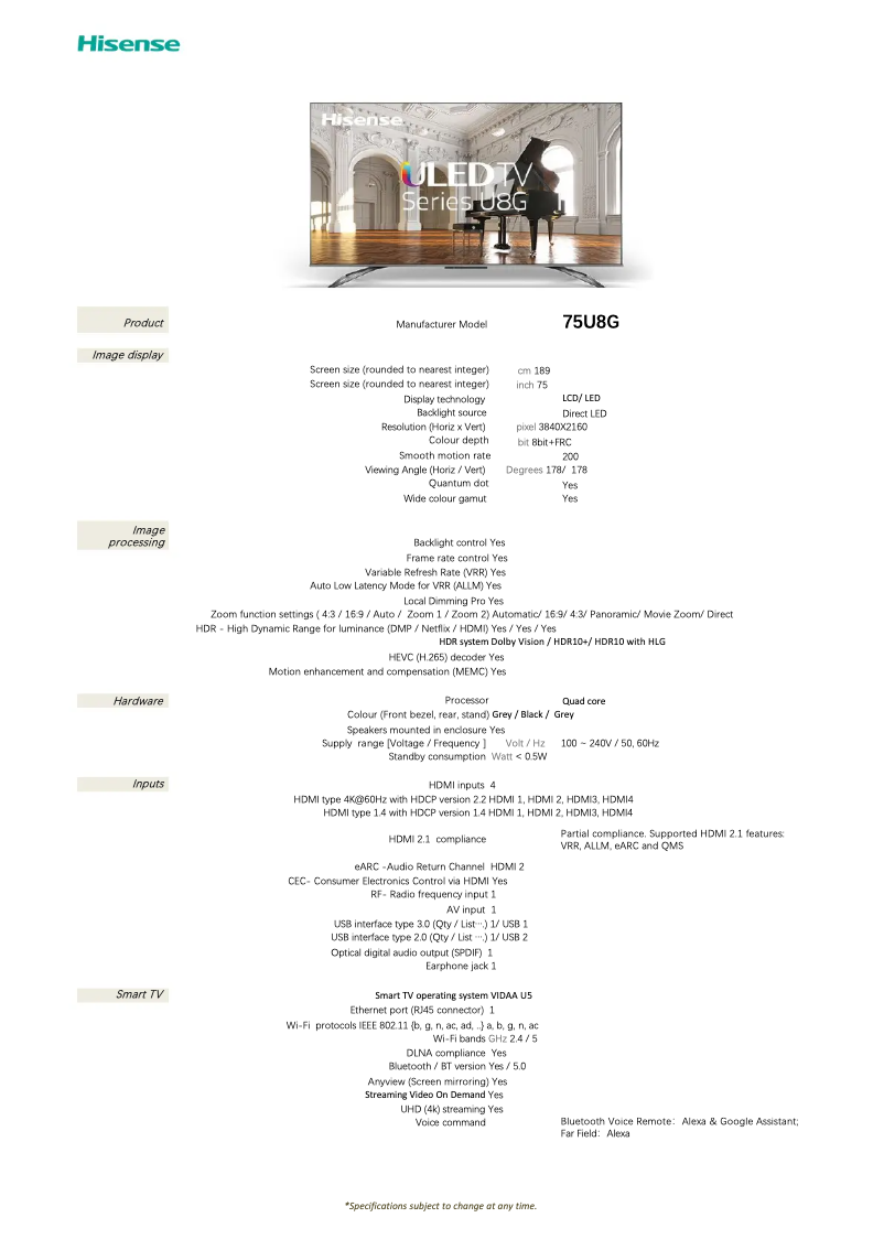 Page 1 de la notice Fiche technique Hisense U8G 75U8G