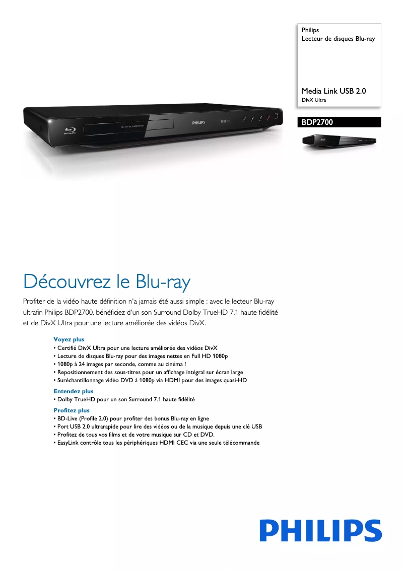 Page 1 de la notice Fiche technique Philips BDP2700