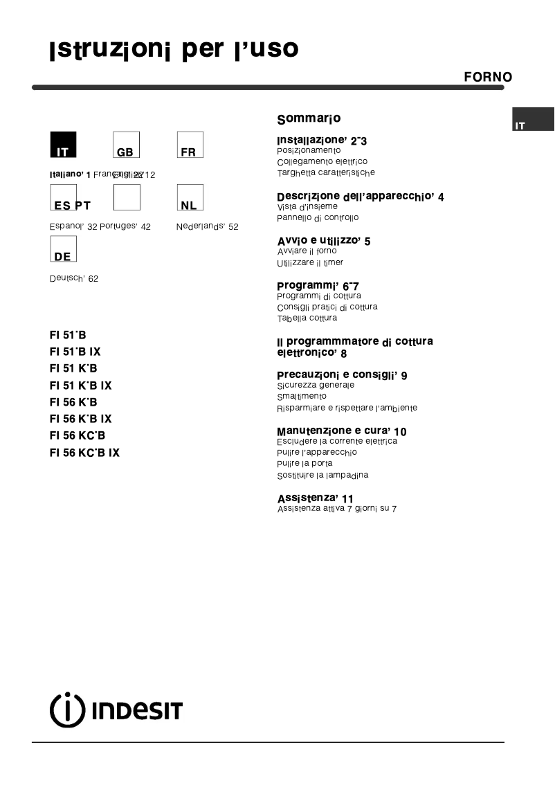 Page 1 de la notice Manuel utilisateur Indesit FI 56 KC.B