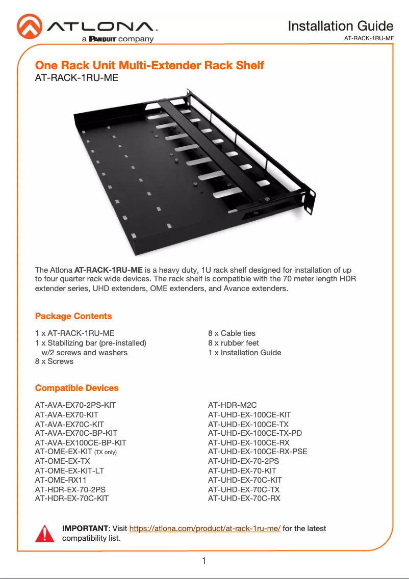 Page 1 de la notice Manuel utilisateur Atlona AT-RACK-1RU-ME