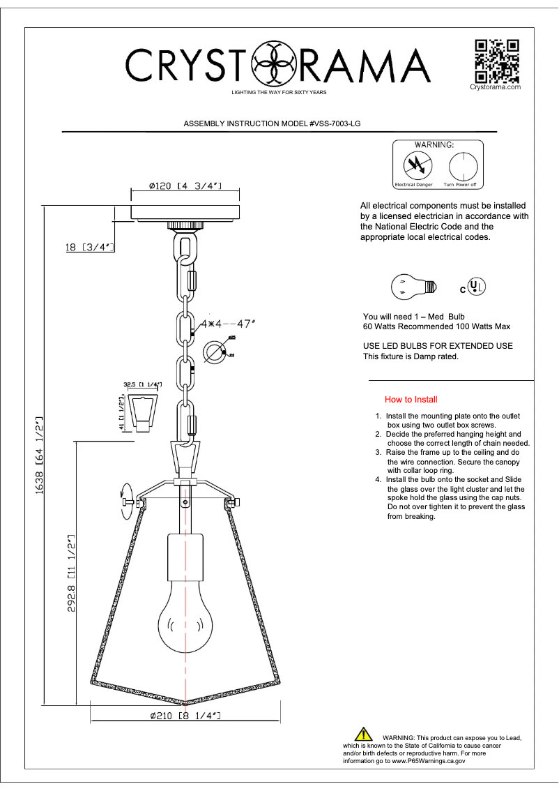 Page 1 de la notice Manuel utilisateur Crystorama Voss VSS-7003-LG