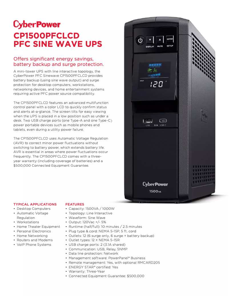 Página 1 del manual Ficha técnica CyberPower CP1500PFCLCD