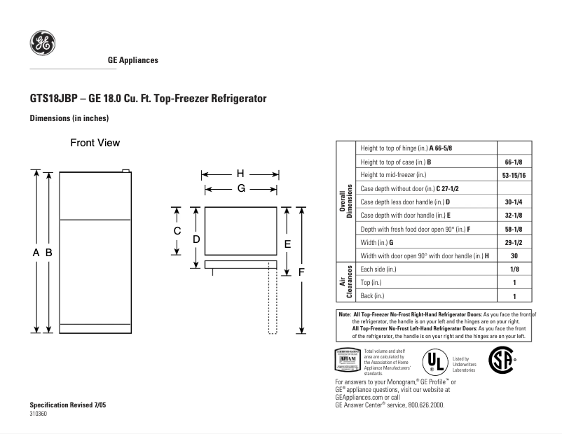 Page 1 de la notice Fiche technique GE GTS18JBPWW