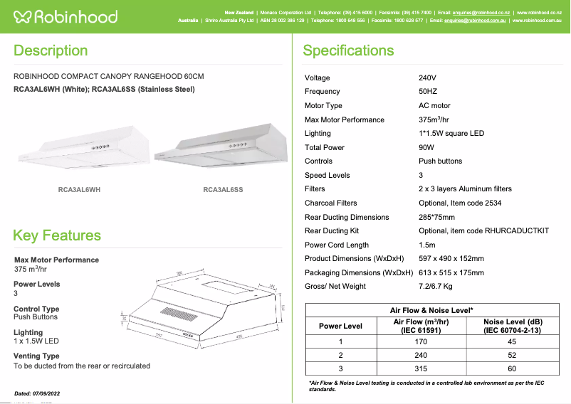 Page n°1 - Fiche technique Robinhood RCA3AL6WH