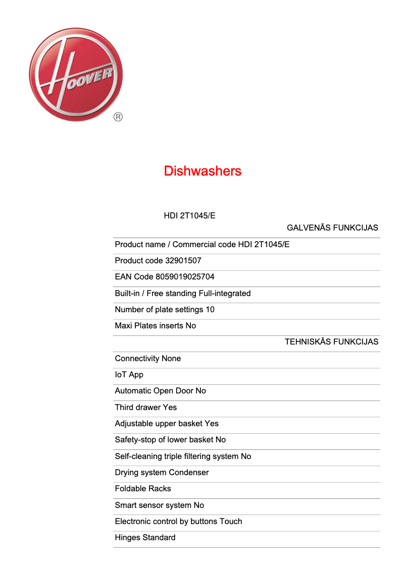 Page 1 de la notice Fiche technique Hoover HDI 2T1045/E