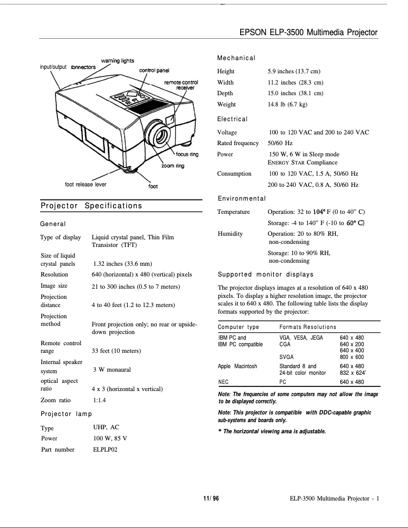 Page 1 de la notice Fiche technique Epson ELP-3500