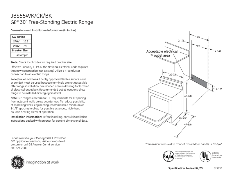 Page 1 of the manual Technical Sheet GE JBS55BKBB