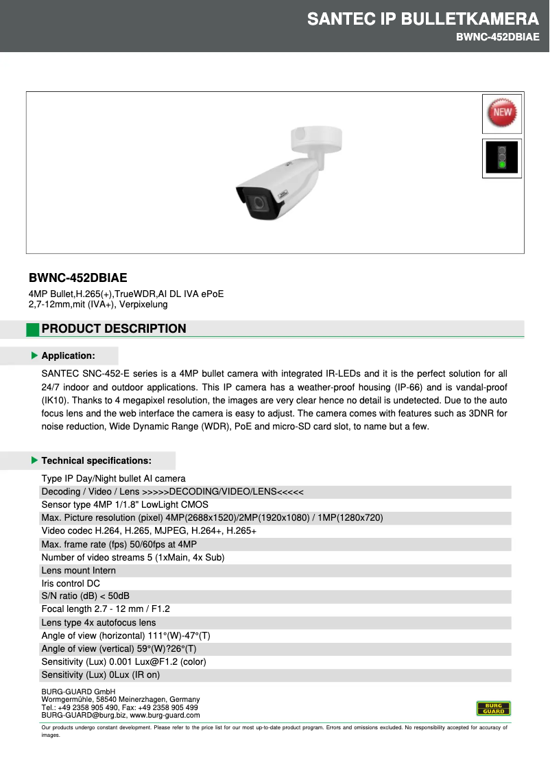Page 1 de la notice Fiche technique Burg Wächter BWNC-452DBIAE