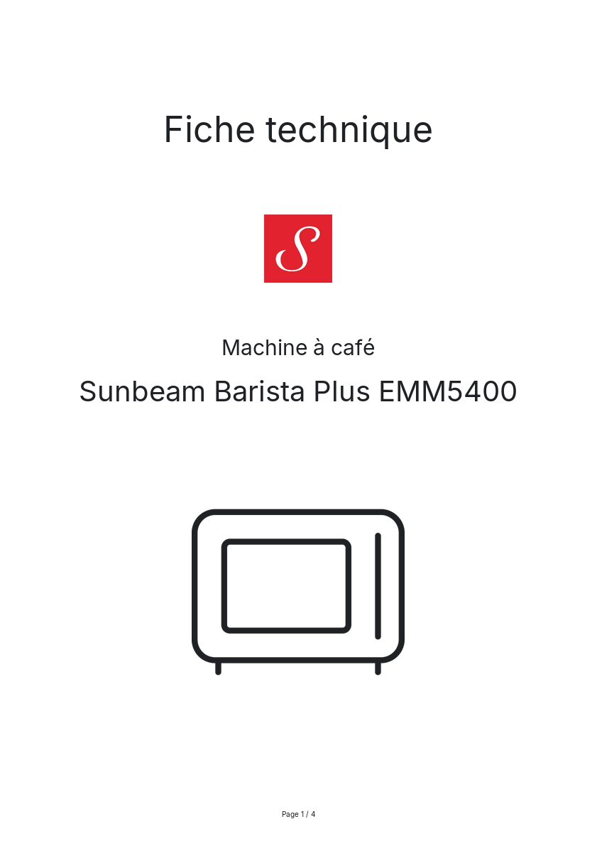 Page n°1 - Fiche technique Sunbeam Barista Plus EMM5400