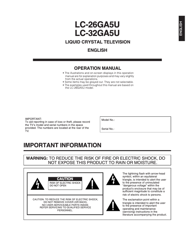 Page n°1 - Manuel utilisateur Sharp Aquos LC-26GA5U