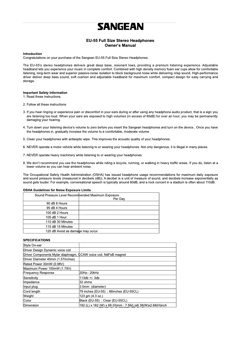Page n°1 - Manuel utilisateur Sangean EU-55