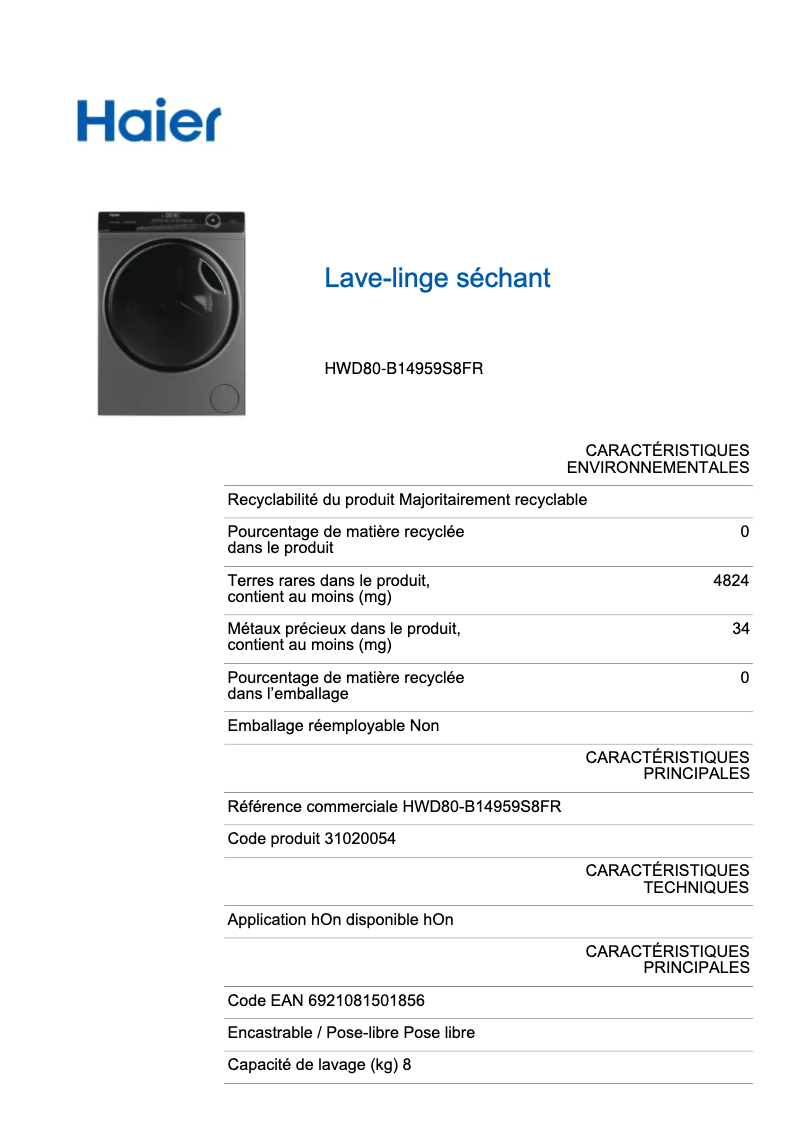 Image de la première page du manuel de l'appareil HWD80-B14959S8EU1