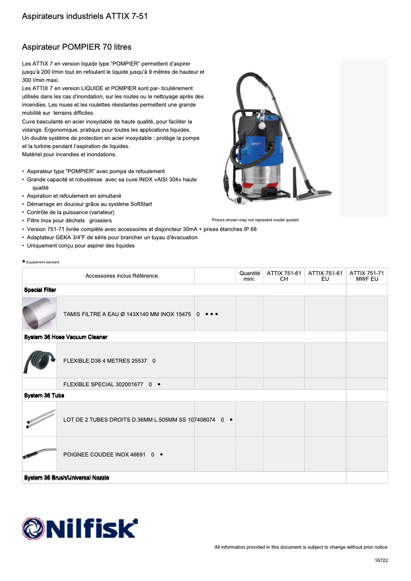 Página 1 del manual Ficha técnica Nilfisk ATTIX 751-61