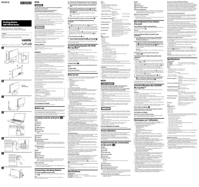 Image de la première page du manuel de l'appareil VGP-PRZ20A