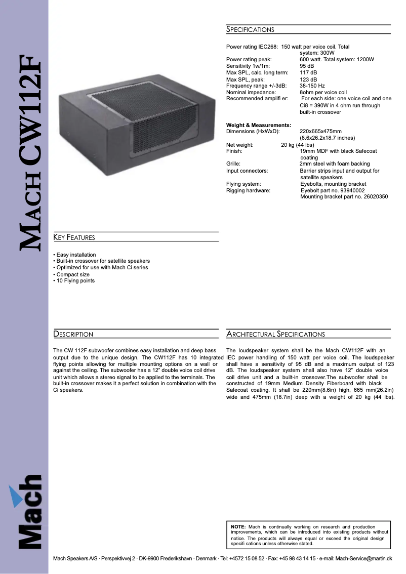 Page 1 de la notice Fiche technique Martin CW112 F