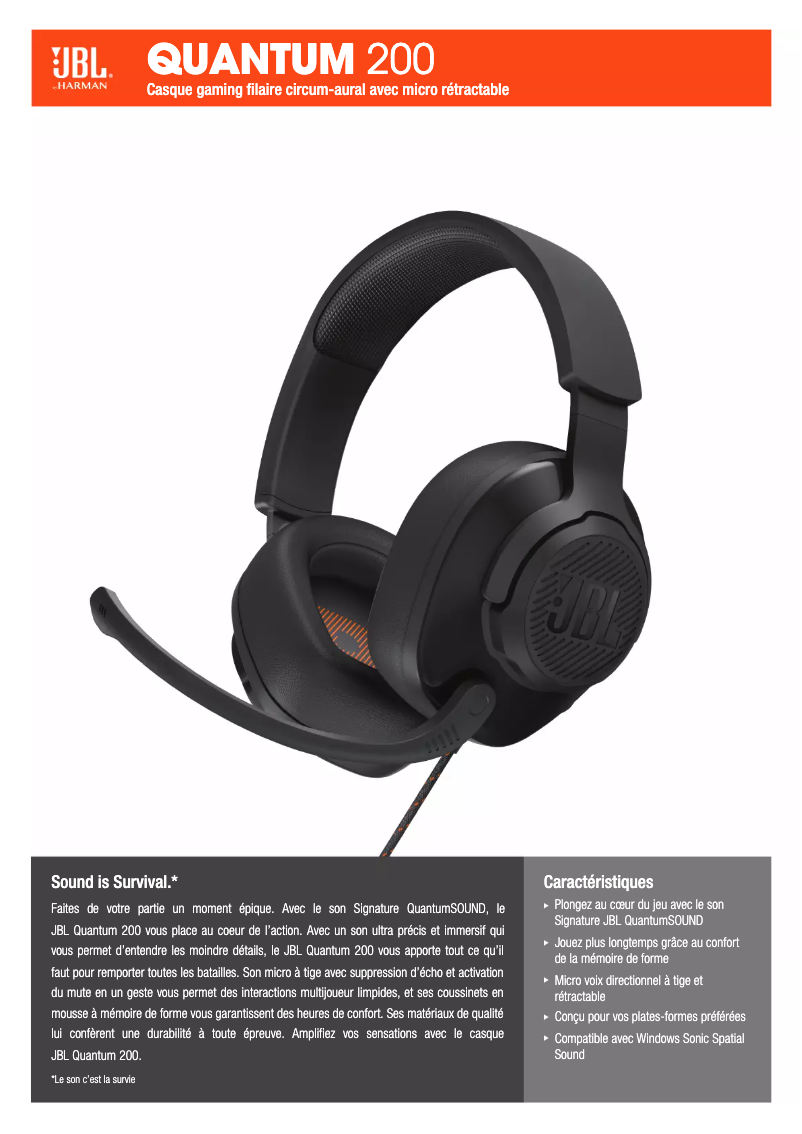 Page 1 de la notice Fiche technique JBL Quantum 200