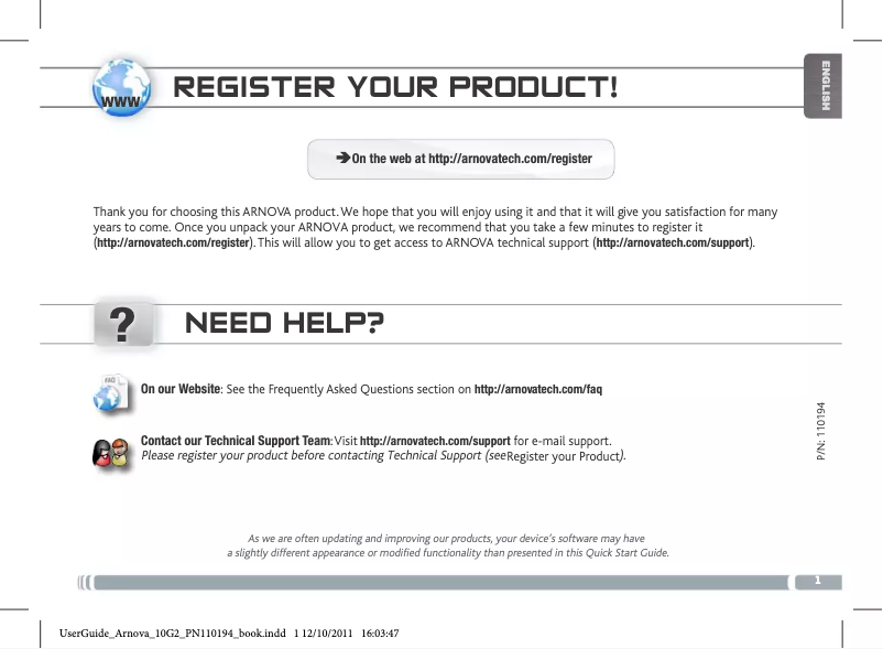 Page 1 de la notice Manuel utilisateur Archos Arnova 10 G2