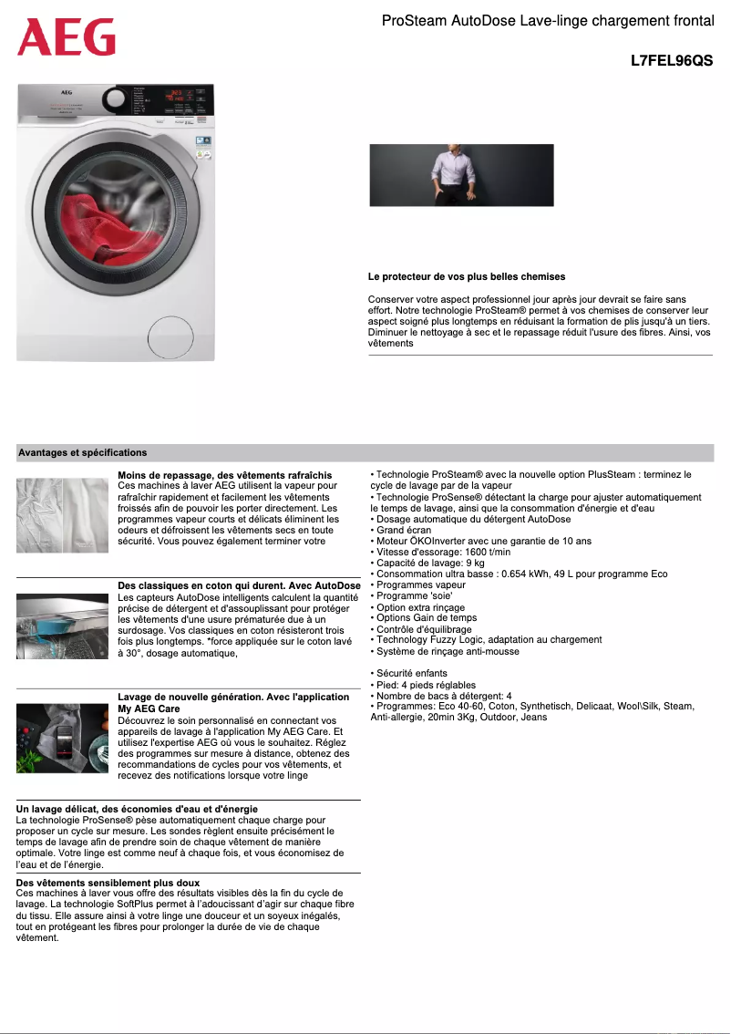 Page 1 de la notice Fiche technique AEG L7FEL96QS